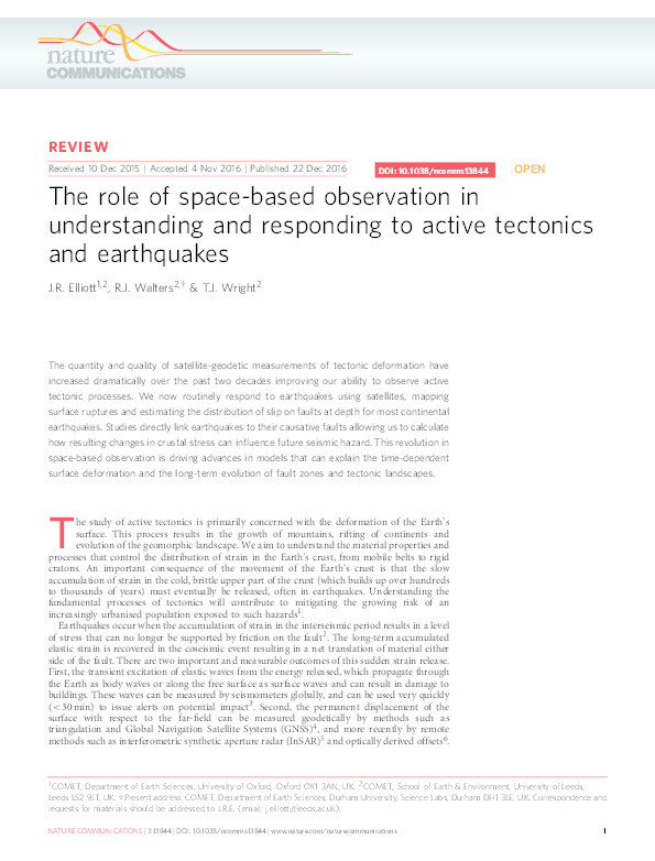 The role of space-based observation in understanding and responding to active tectonics and earthquakes Thumbnail