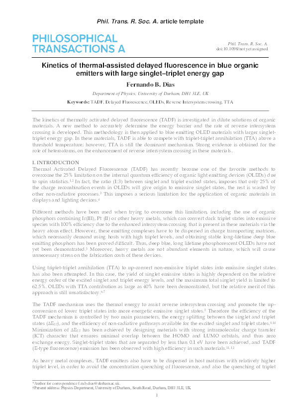 Kinetics of thermal-assisted delayed fluorescence in blue organic emitters with large singlet–triplet energy gap Thumbnail