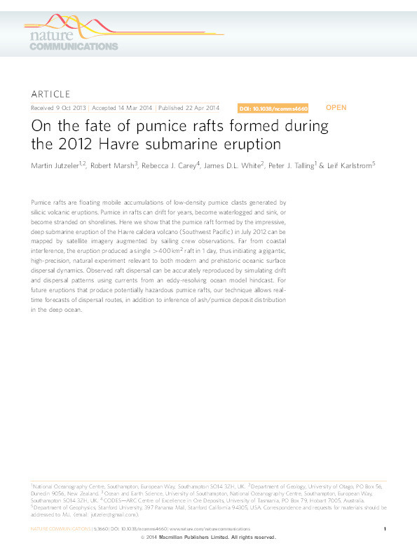 On the fate of pumice rafts formed during the 2012 Havre submarine eruption Thumbnail