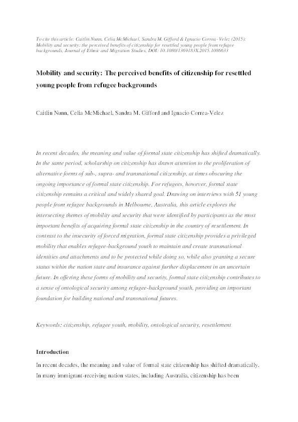 Mobility and security: the perceived benefits of citizenship for resettled young people from refugee backgrounds Thumbnail