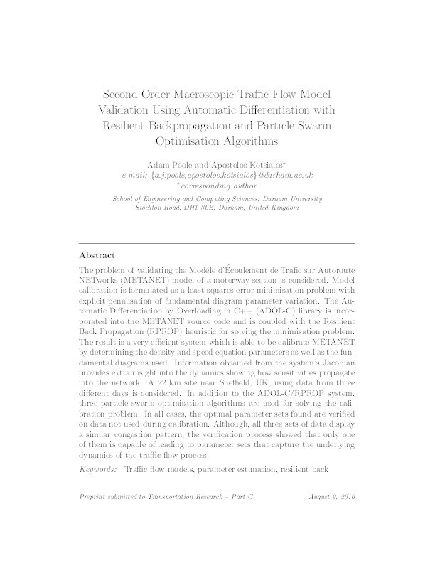 Second order macroscopic traffic flow model validation using automatic differentiation with resilient backpropagation and particle swarm optimisation algorithms Thumbnail