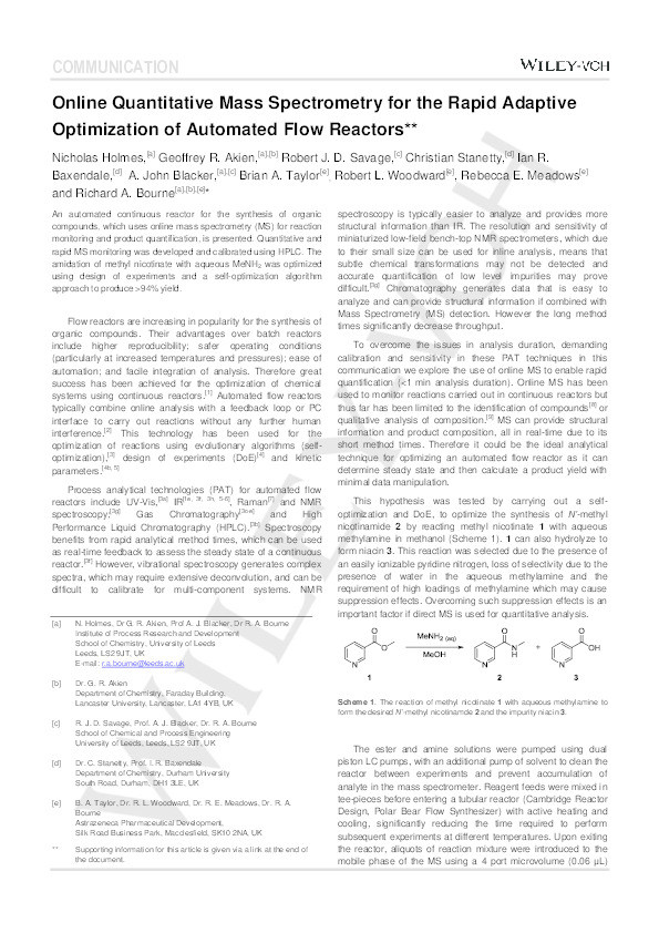 Online quantitative mass spectrometry for the rapid adaptive optimisation of automated flow reactors Thumbnail