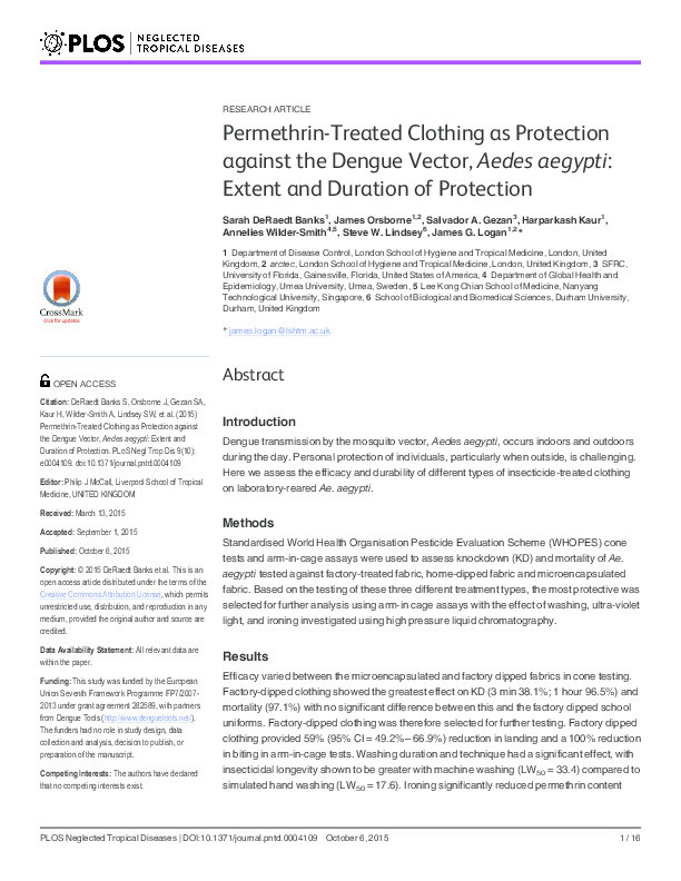Permethrin-Treated Clothing as Protection against the Dengue Vector, Aedes aegypti: Extent and Duration of Protection Thumbnail