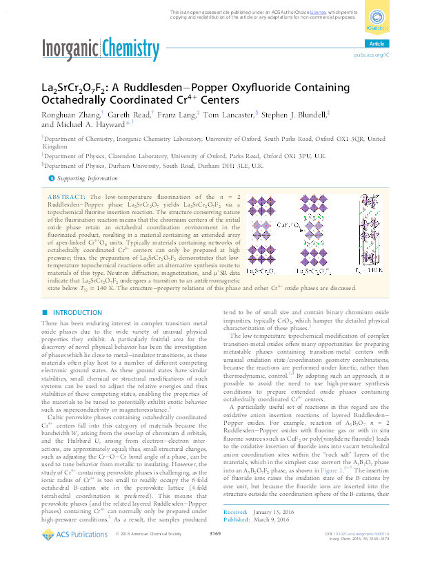 La2SrCr2O7F2: A Ruddlesden–Popper Oxyfluoride Containing Octahedrally Coordinated Cr4+ Centers Thumbnail
