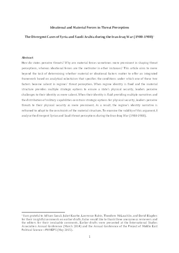 Ideational and Material Forces in Threat Perception: The Divergent Cases of Syria and Saudi Arabia During the Iran–Iraq War (1980–1988) Thumbnail