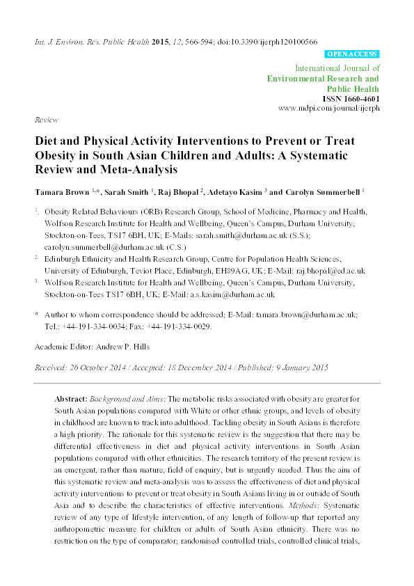 Diet and Physical Activity Interventions to Prevent or Treat Obesity in South Asian Children and Adults: A Systematic Review and Meta-Analysis Thumbnail