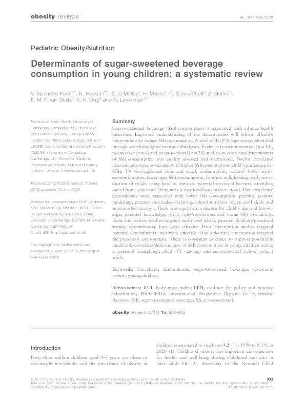 Determinants of sugar-sweetened beverage consumption in young children: a systematic review Thumbnail