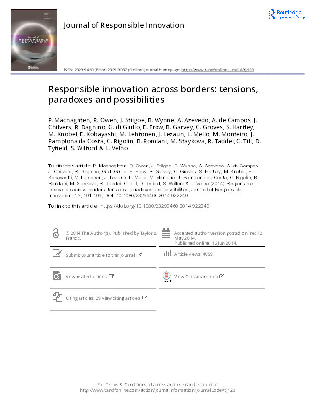 Responsible innovation across borders: tensions, paradoxes and possibilities Thumbnail