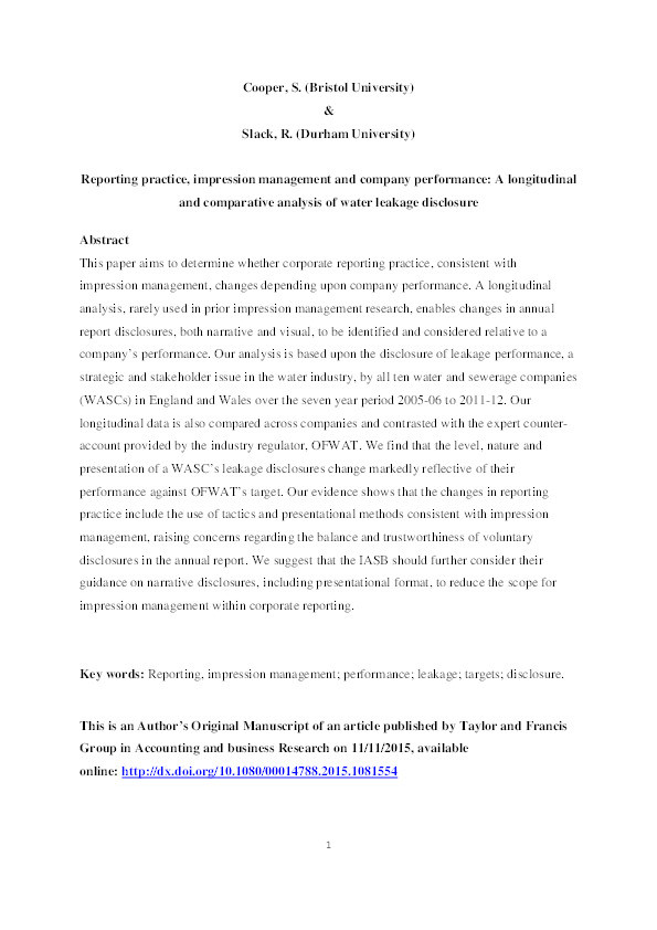 Reporting practice, impression management and company performance: a longitudinal and comparative analysis of water leakage disclosure Thumbnail