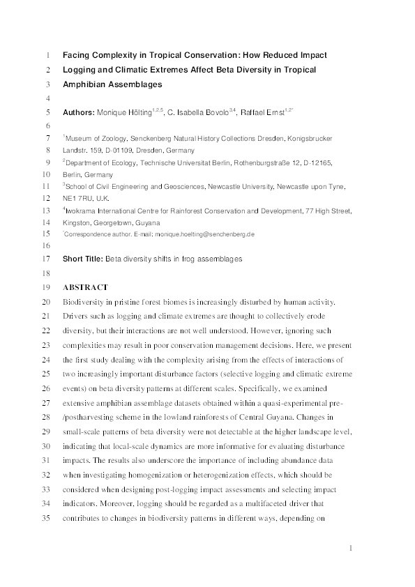 Facing complexity in tropical conservation: how reduced impact logging and climatic extremes affect beta diversity in tropical amphibian assemblages Thumbnail