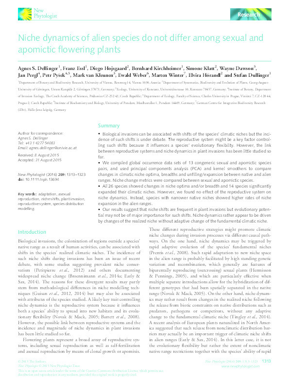 Niche dynamics of alien species do not differ among sexual and apomictic flowering plants Thumbnail