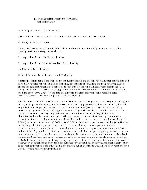 Sediment erosion dynamics of a gullied debris slide: a medium-term record Thumbnail