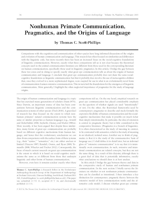Nonhuman Primate Communication, Pragmatics, and the Origins of Language Thumbnail