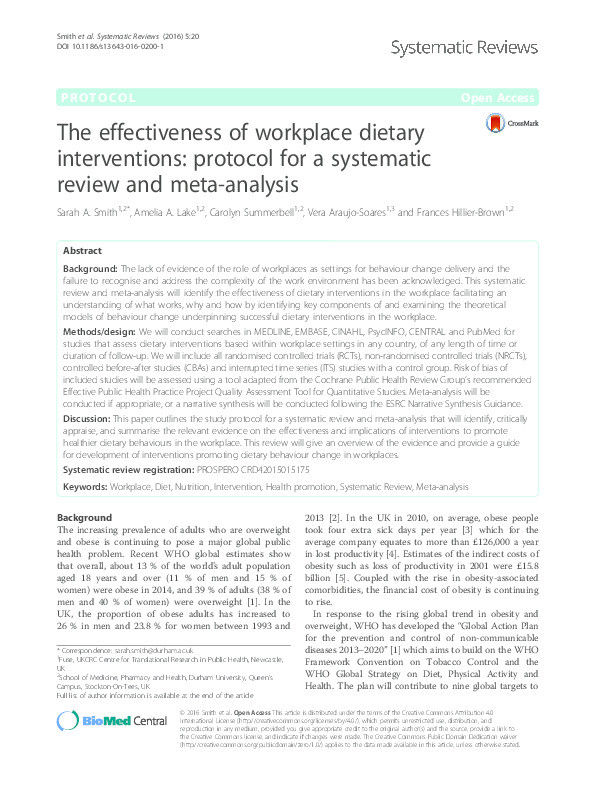 The effectiveness of workplace dietary interventions: protocol for a systematic review and meta-analysis Thumbnail