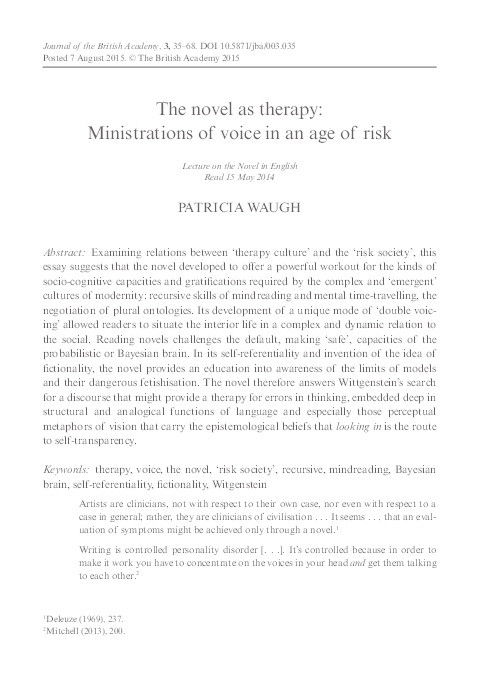 The Novel as Therapy: Ministrations of Voice in an Age of Risk Thumbnail