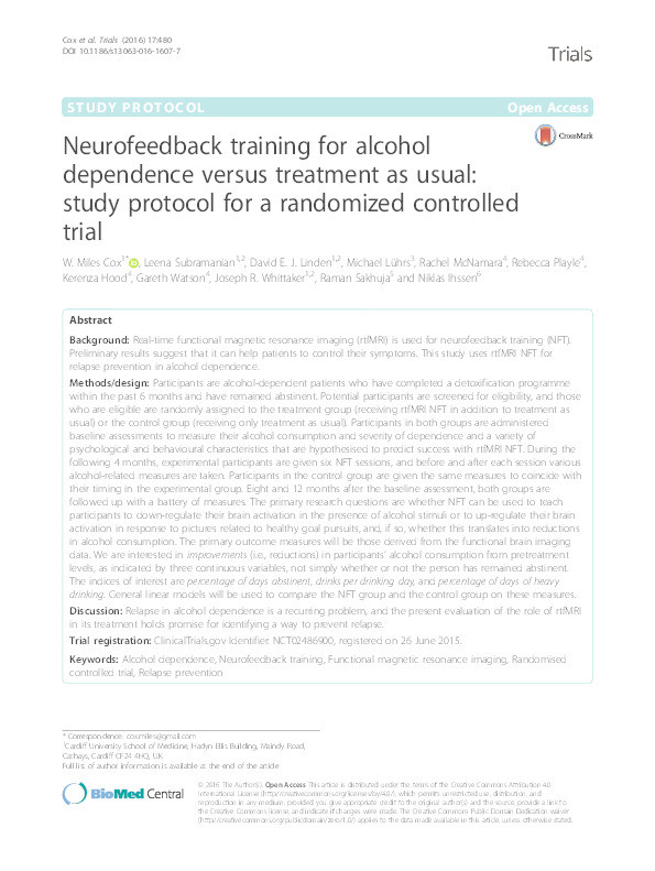 Neurofeedback training for alcohol dependence versus treatment as usual: study protocol for a randomized controlled trial Thumbnail