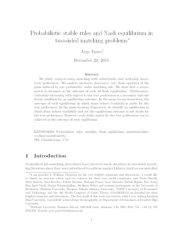 Probabilistic stable rules and Nash equilibrium in two-sided matching problems Thumbnail