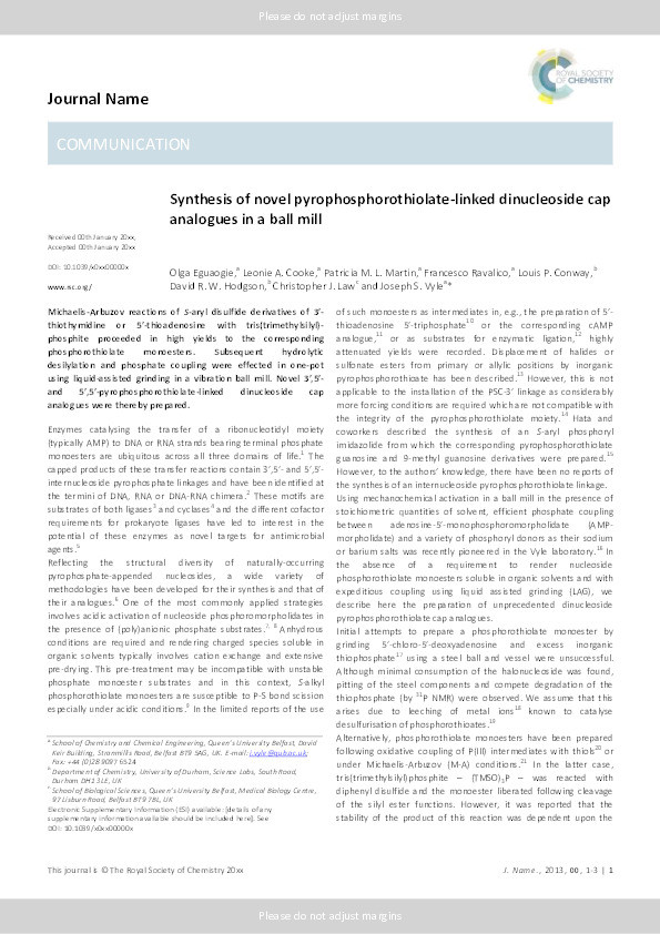 Synthesis of novel pyrophosphorothiolate-linked dinucleoside cap analogues in a ball mill Thumbnail