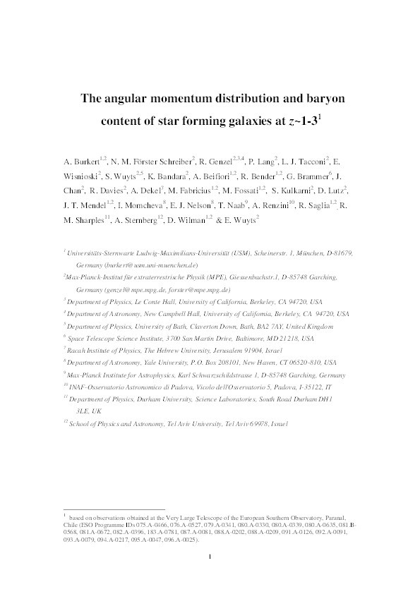 The Angular Momentum Distribution and Baryon Content of Star-forming Galaxies at z ~ 1-3 Thumbnail