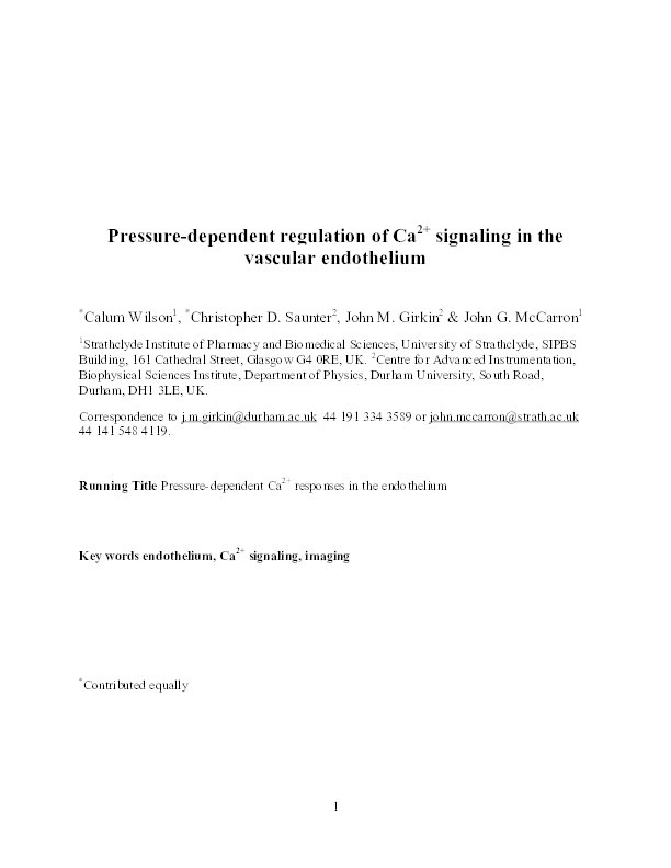 Pressure-dependent regulation of Ca2+ signalling in the vascular endothelium Thumbnail