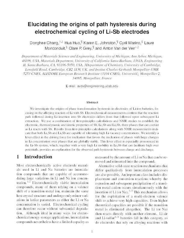 Elucidating the origins of phase transformation hysteresis during electrochemical cycling of Li-Sb electrodes Thumbnail