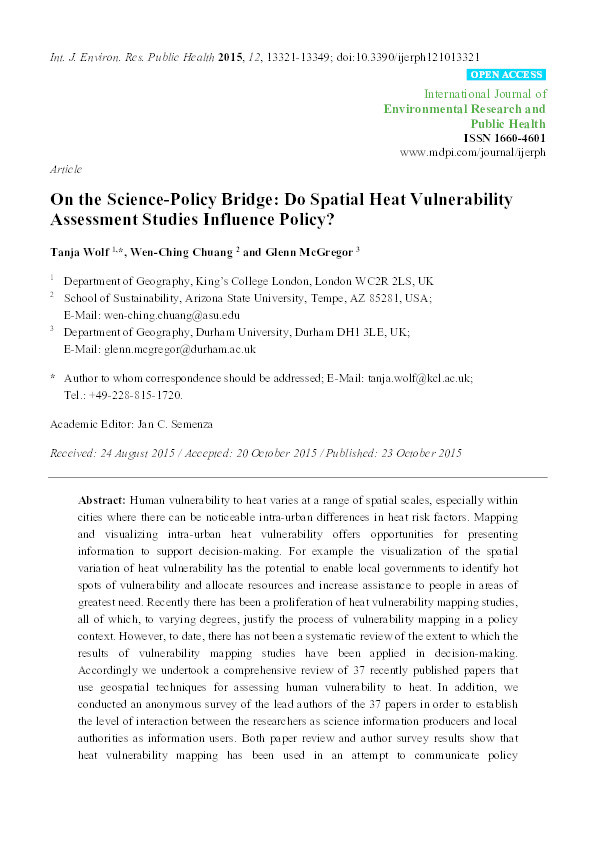 On the Science-Policy Bridge: Do Spatial Heat Vulnerability Assessment Studies Influence Policy? Thumbnail