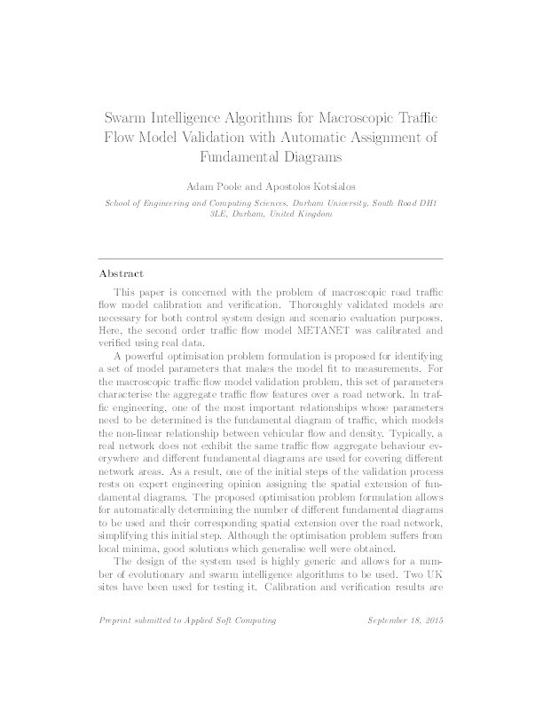 Swarm intelligence algorithms for macroscopic traffic flow model validation with automatic assignment of fundamental diagrams Thumbnail