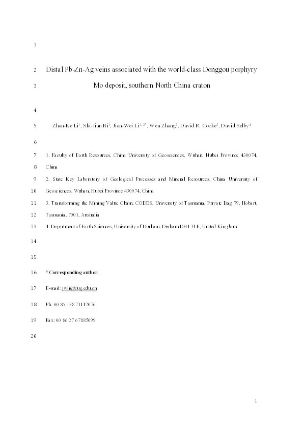 Distal Pb-Zn-Ag veins associated with the world-class Donggou porphyry Mo deposit, southern North China craton Thumbnail