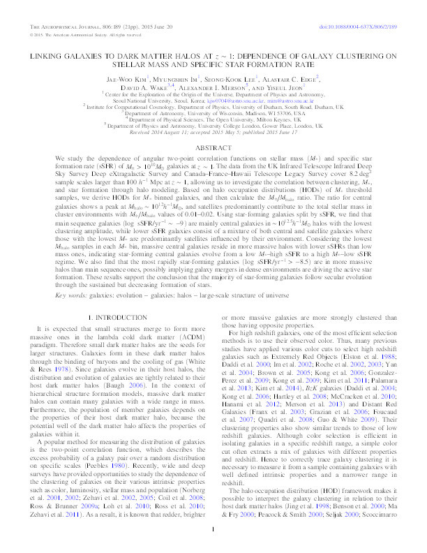 Linking Galaxies to Dark Matter Halos at z ~ 1 : Dependence of Galaxy Clustering on Stellar Mass and Specific Star Formation Rate Thumbnail