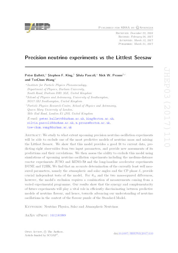 Precision neutrino experiments vs the Littlest Seesaw Thumbnail