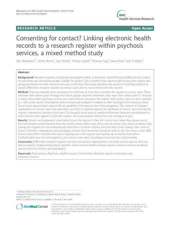 Consenting for contact? Linking electronic health records to a research register within psychosis services, a mixed method study Thumbnail