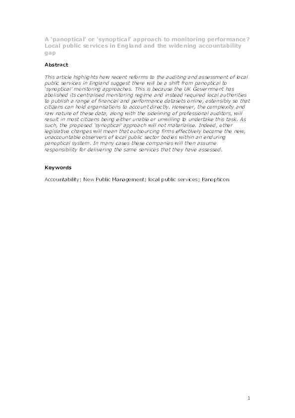 A ‘panoptical’ or ‘synoptical’ approach to monitoring performance? Local public services in England and the widening accountability gap Thumbnail