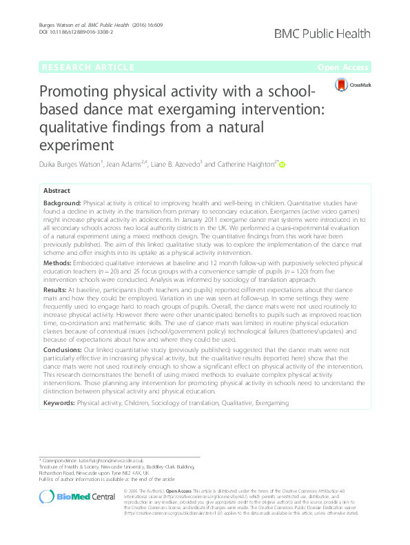 Promoting physical activity with a school-based dance mat exergaming intervention: qualitative findings from a natural experiment Thumbnail