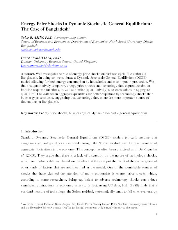 Energy Price Shocks in Dynamic Stochastic General Equilibrium: The Case of Bangladesh Thumbnail