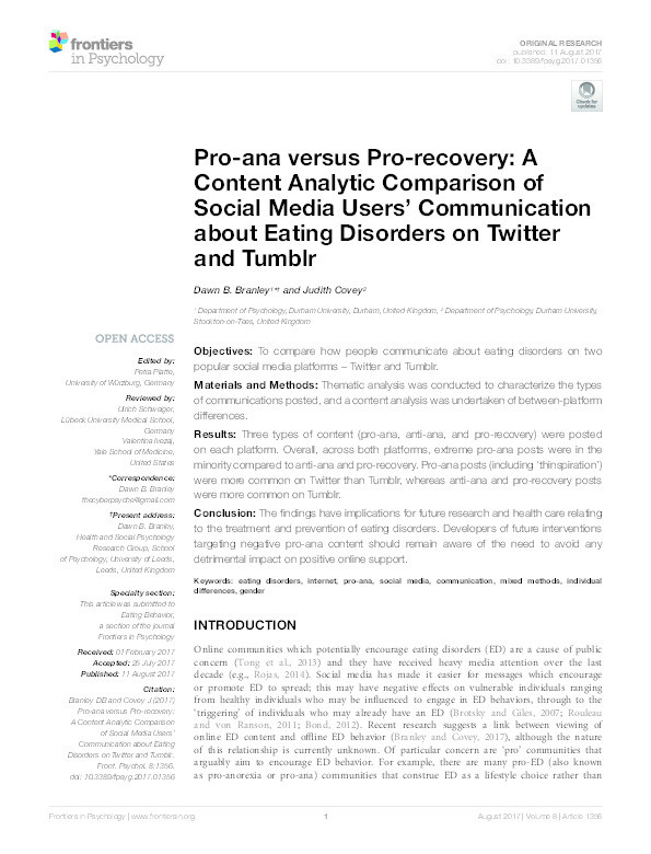 Pro-Ana Versus Pro-Recovery: A Content Analytic Comparison of Social Media Users’ Communication About Eating Disorders on Twitter and Tumblr Thumbnail