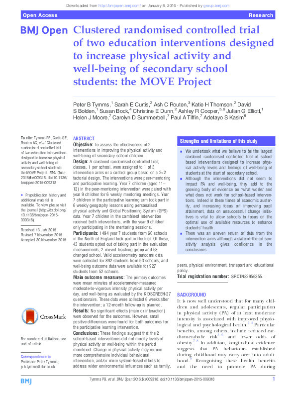 Clustered randomised controlled trial of two education interventions designed to increase physical activity and well-being of secondary school students: The MOVE Project Thumbnail