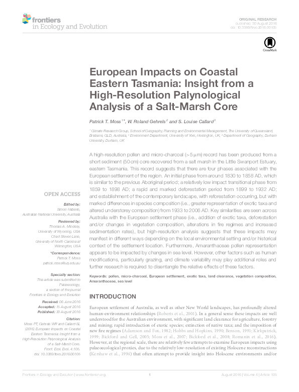 European impacts on coastal eastern Tasmania: Insights from a high-resolution palynological analysis of a salt-marsh core Thumbnail