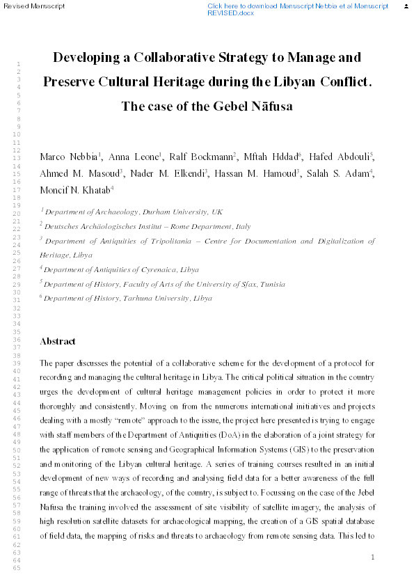 Developing a Collaborative Strategy to Manage and Preserve Cultural Heritage During the Libyan Conflict. The Case of the Gebel Nāfusa Thumbnail