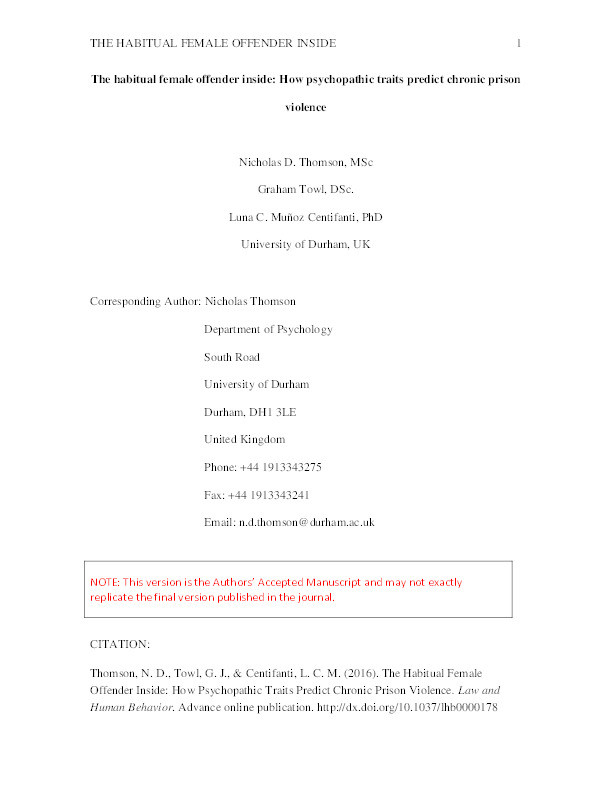 The habitual female offender inside: How psychopathic traits predict chronic prison violence Thumbnail