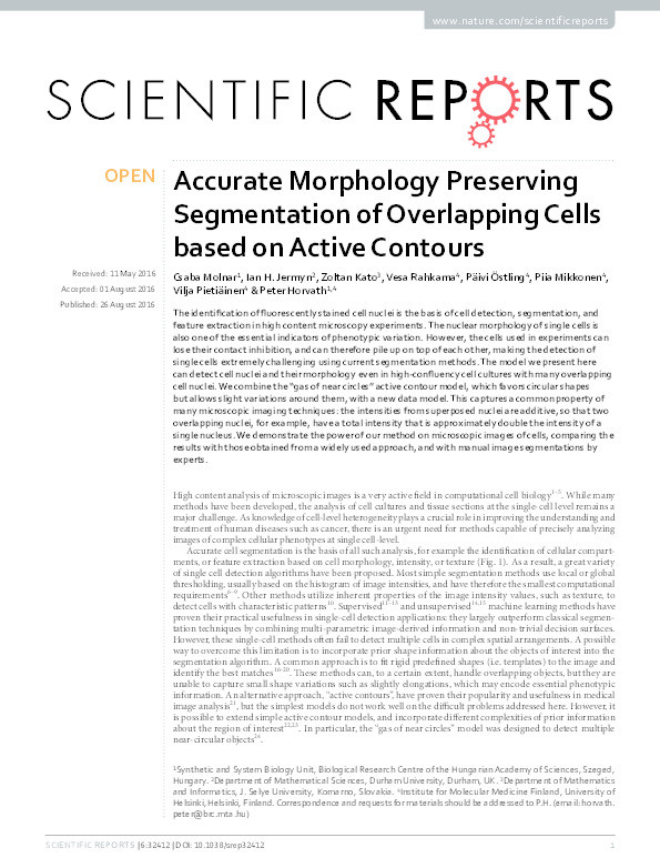 Accurate Morphology Preserving Segmentation of Overlapping Cells based on Active Contours Thumbnail