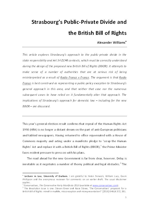 Strasbourg's Public-Private Divide and the British Bill of Rights Thumbnail