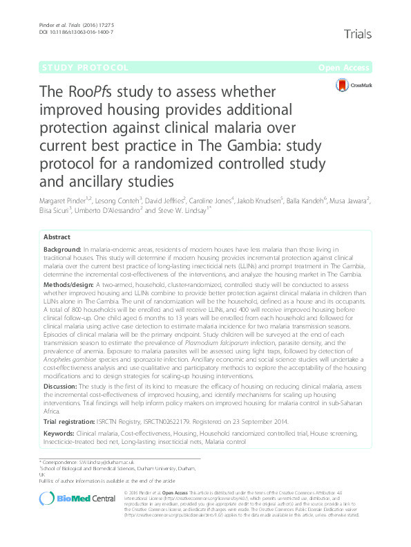 The RooPfs study to assess whether improved housing provides additional protection against clinical malaria over current best practice in The Gambia: study protocol for a randomized controlled study and ancillary studies Thumbnail