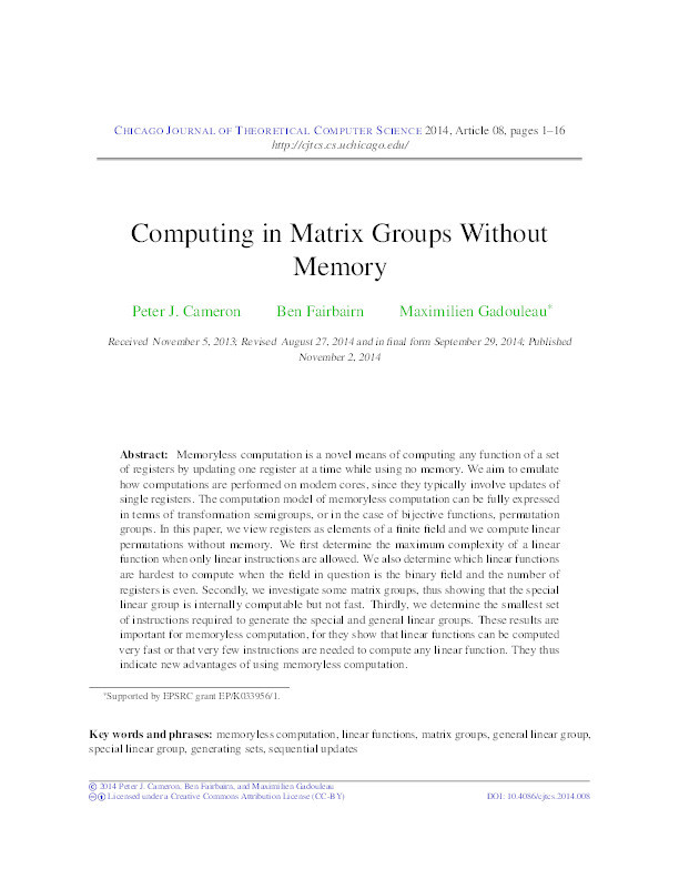 Computing in Matrix Groups Without Memory Thumbnail