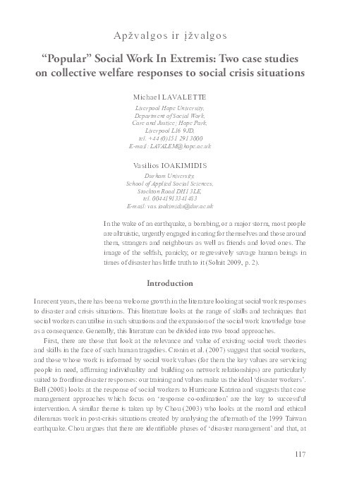 “Popular” Social Work In Extremis: Two case studies on collective welfare responses to social crisis situations Thumbnail