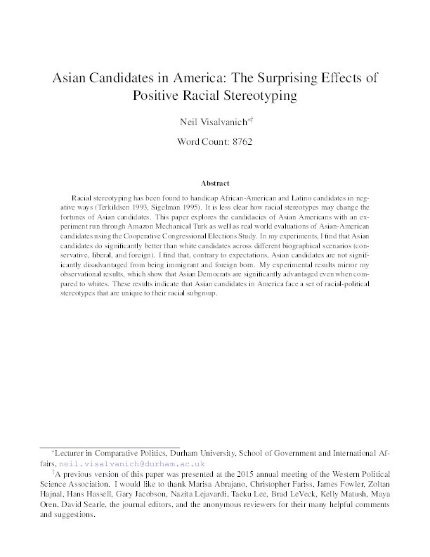 Asian Candidates in America: The Surprising Effects of Positive Racial Stereotyping Thumbnail