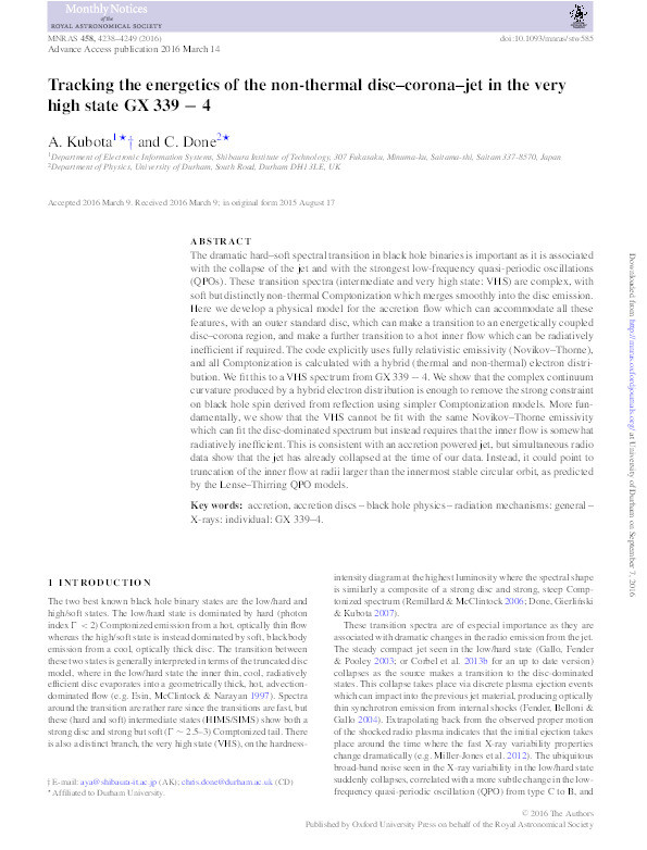 Tracking the energetics of the non-thermal disc–corona–jet in the very high state GX 339 − 4 Thumbnail