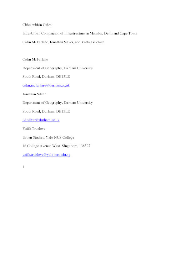 Cities within Cities: Intra-Urban Comparison of Infrastructure in Mumbai, Delhi and Cape Town Thumbnail