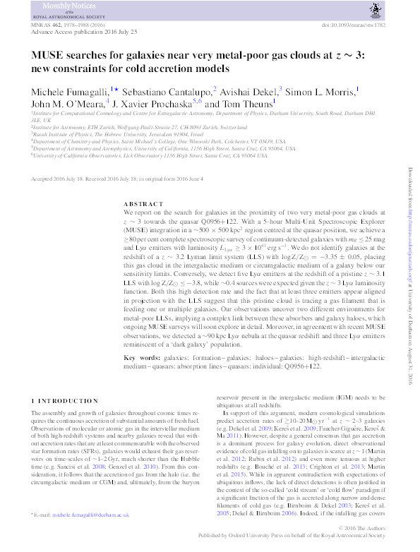 MUSE searches for galaxies near very metal-poor gas clouds at z~3: new constraints for cold accretion models Thumbnail