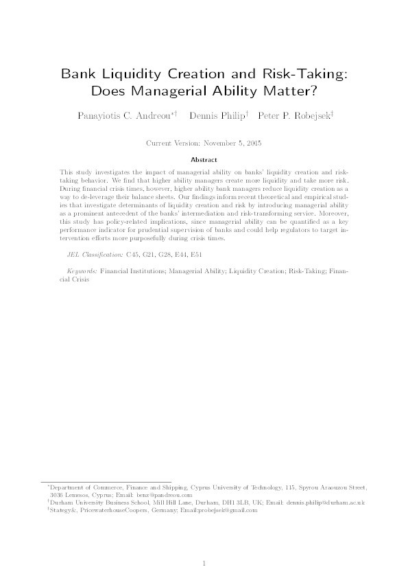 Bank liquidity creation and risk-taking: Does managerial ability matter? Thumbnail