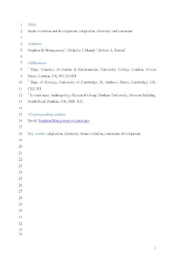 Brain evolution and development: adaptation, allometry and constraint Thumbnail